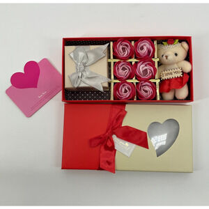 Birthday Heart Necklace Gift Box Faux Roses Teddy Bear Romantic Set Mothers Day